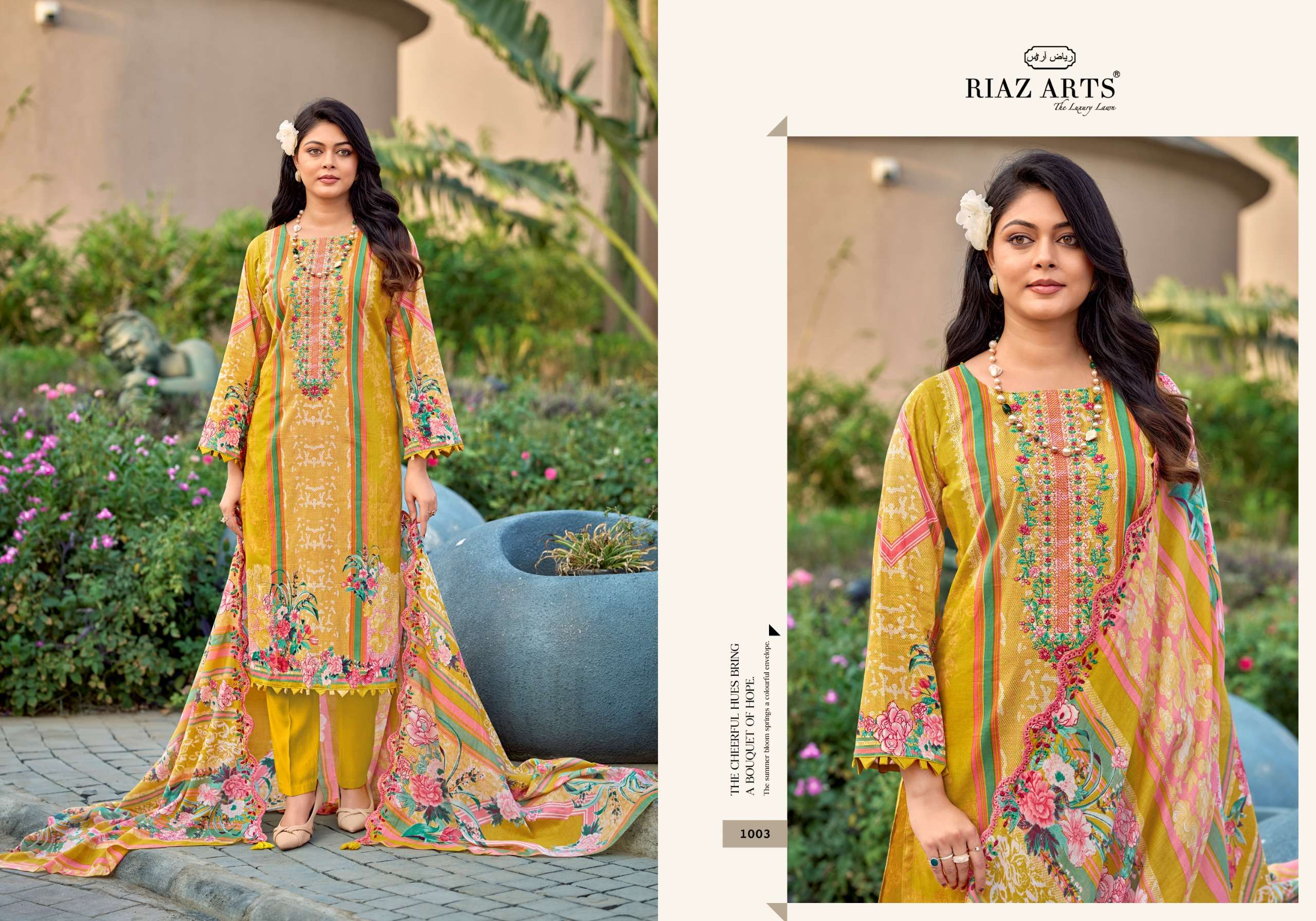 RIAZ ARTS HUMDUM TOP & DUP WORK LAWN COTTON DESIGNER PAKISTANI STYLE SUIT TEXTILE MARKET 